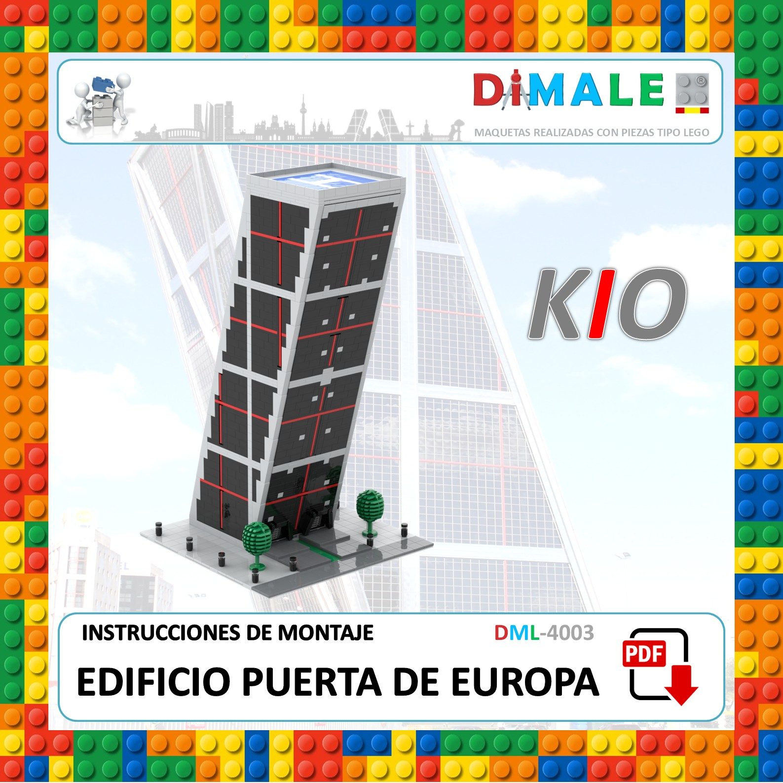 Modelo del edificio Puerta de Europa KIO, con ladrillos de colores y detalles arquitectónicos.