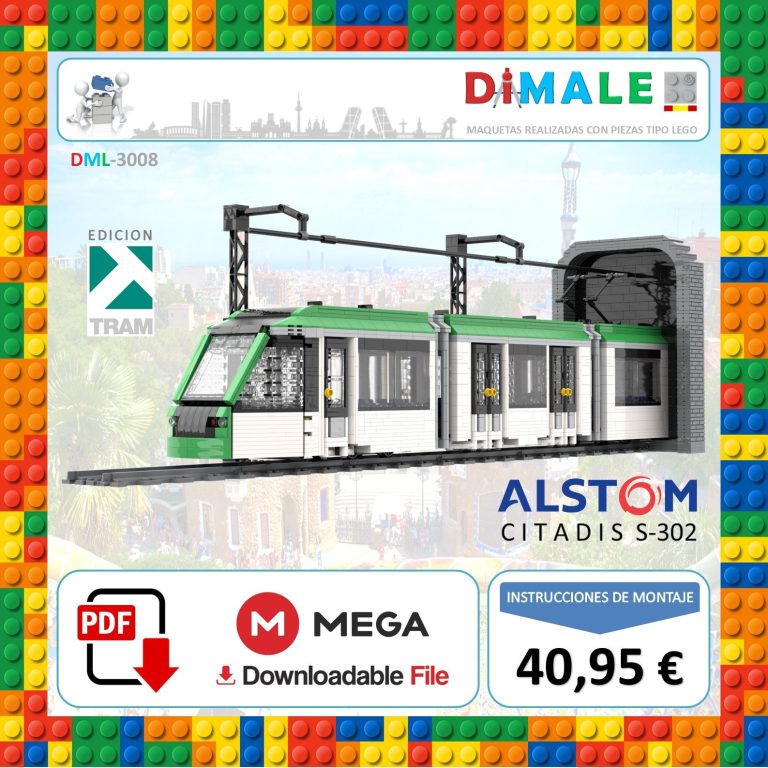 Tren de juguete Alstom Citadis S-302 Barcelona, modelo en bloques de construcción, con precio y opciones de descarga.