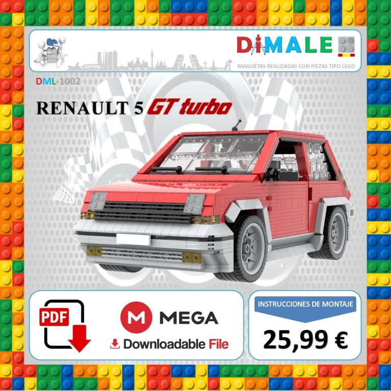 Maqueta de un Renault 5 GT Turbo en bloques de construcción, con precio y enlace a descarga.