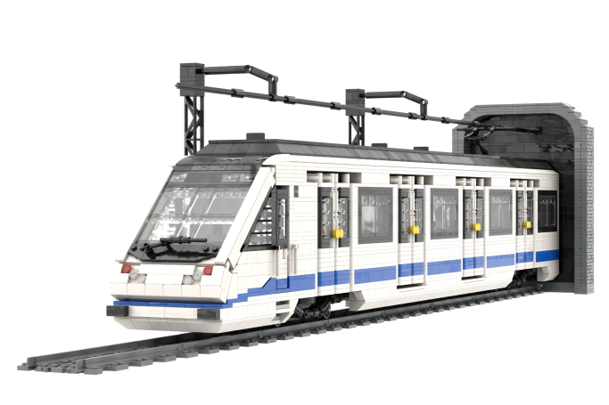 CAF serie 8000 (1 módulo) - I Tren ligero blanco y azul saliendo de un túnel.