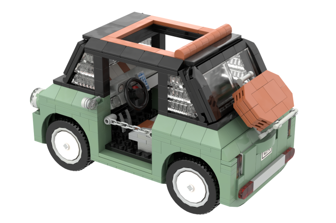 Coche de juguete en tonos verde y negro, con maletero y techo desmontables.
