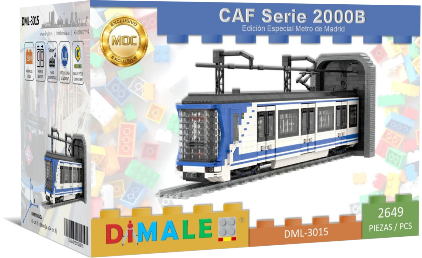 Maqueta de tren urbano CAF Serie 2008, incluye túnel y ladrillos de construcción.