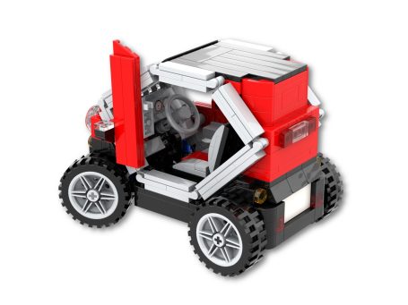 Renault Twizy MOC Lego - Vista lateral Vehículo de juguete construido con piezas de bloques, color rojo y gris.
