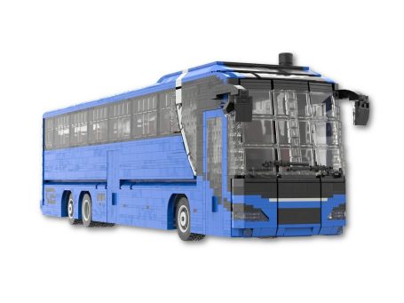 Autobús MAN Lions Coach MOC Lego - Vista delantera Autobús de color azul con ventanas grandes y diseño moderno.