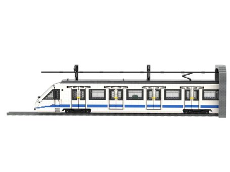 Tren CAF Serie 8000 Metro de Madrid MOC Lego - Vista lateral Tren de cercanías blanco y azul en una estación, con varias puertas visibles.