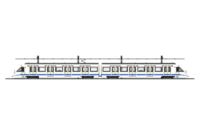 CAF serie 8000 (2 módulos) - II Tren de perfil, con ventanas y líneas azul y blanca en su diseño.