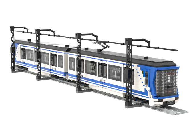 CAF serie 2000 (2 módulos) - III Tren de pasajeros con diseño en azul y blanco en un entorno urbano.