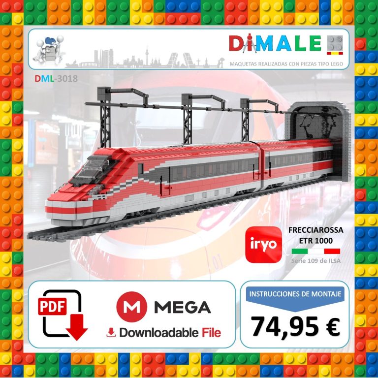 Modelo de tren en bloques de construcción, con detalles en rojo y gris. Precio: 74,95€.
