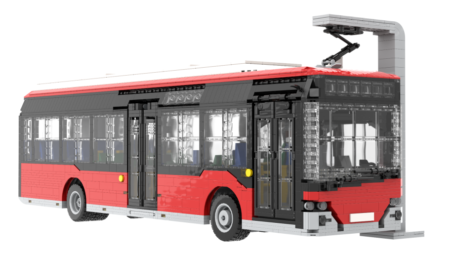 Autobús urbano de diseño moderno, con colores rojo y negro.