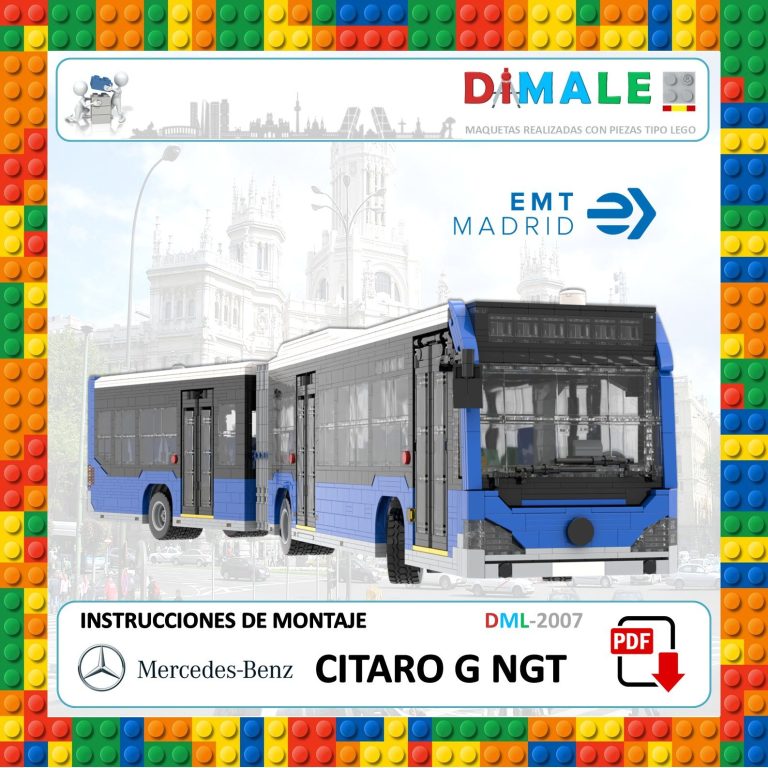 Imagen de un autobús de la EMT Madrid, modelo Citaro G NGT, sobre fondo de bloques de colores.