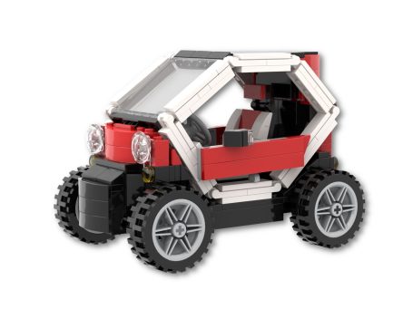 Coche Renault Twizy MOC Lego - Puerta abierta Mini coche de juguete construido con piezas de bloques, color rojo y gris.