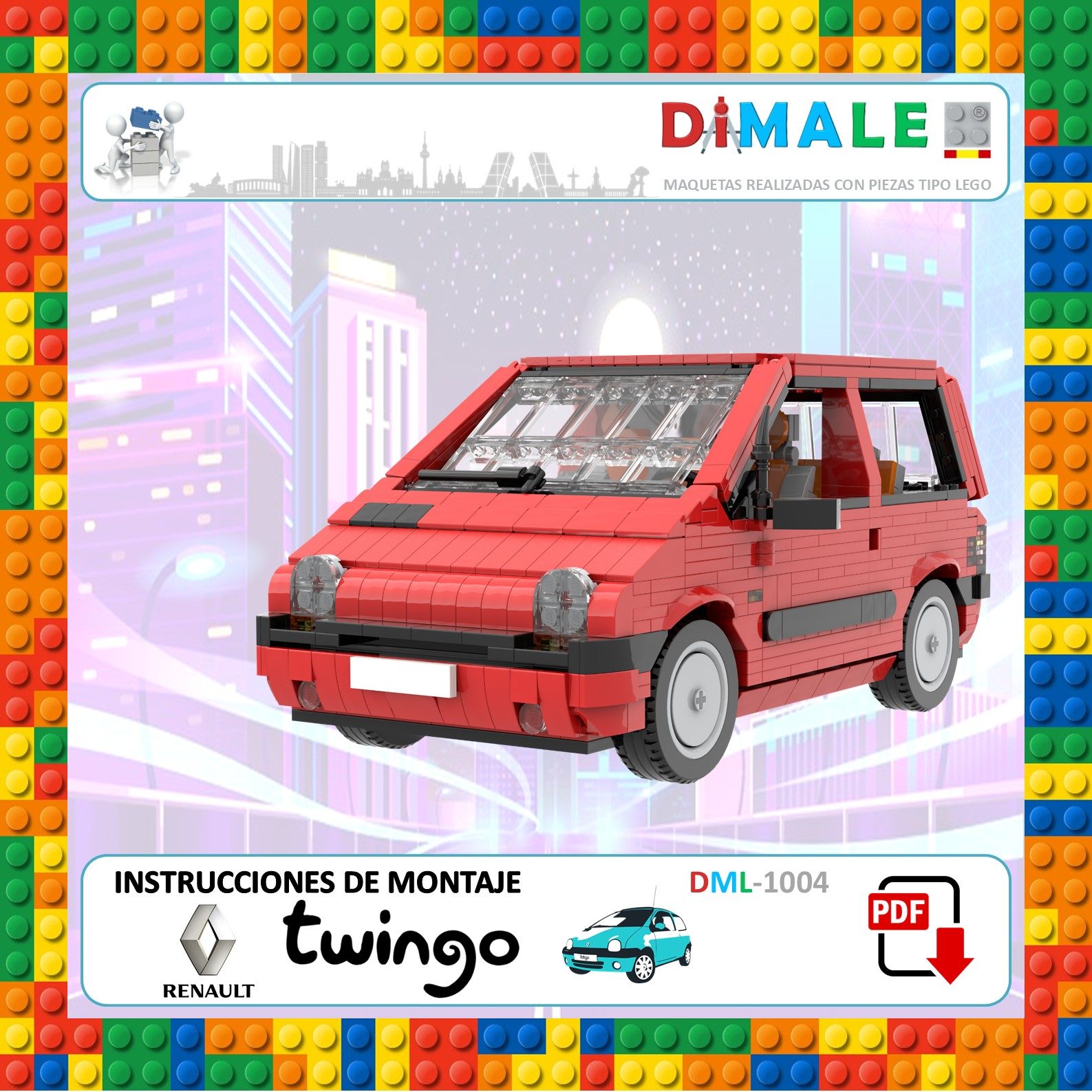 Maqueta de un coche Twingo rojo de juguete con detalles en un fondo colorido.
