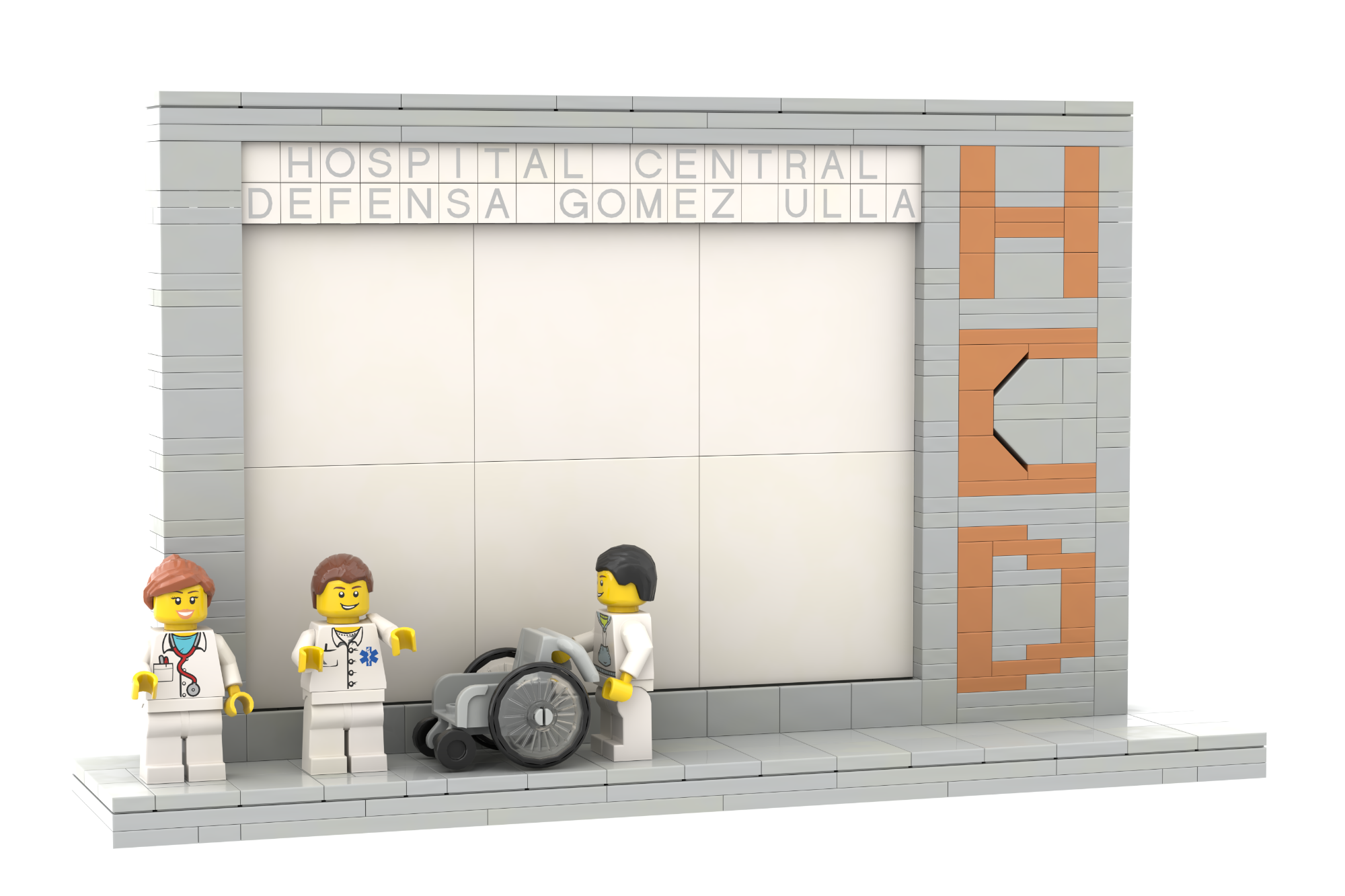 Marco para fotos 13x18 Gómez Ulla con figuras MOC Lego Tres figuras de Lego en un laboratorio, una de ellas en silla de ruedas.