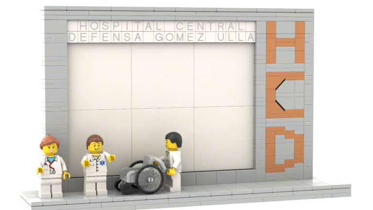 Marco para fotos Gómez Ulla MOC lego Maqueta de bloques de construcción LEGO con figuras y el nombre "HCD" en azul.