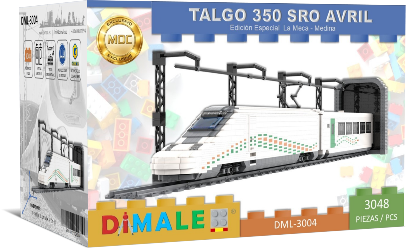 Maqueta del tren Talgo 350 SRO Avril en su caja, con detalles técnicos visibles.