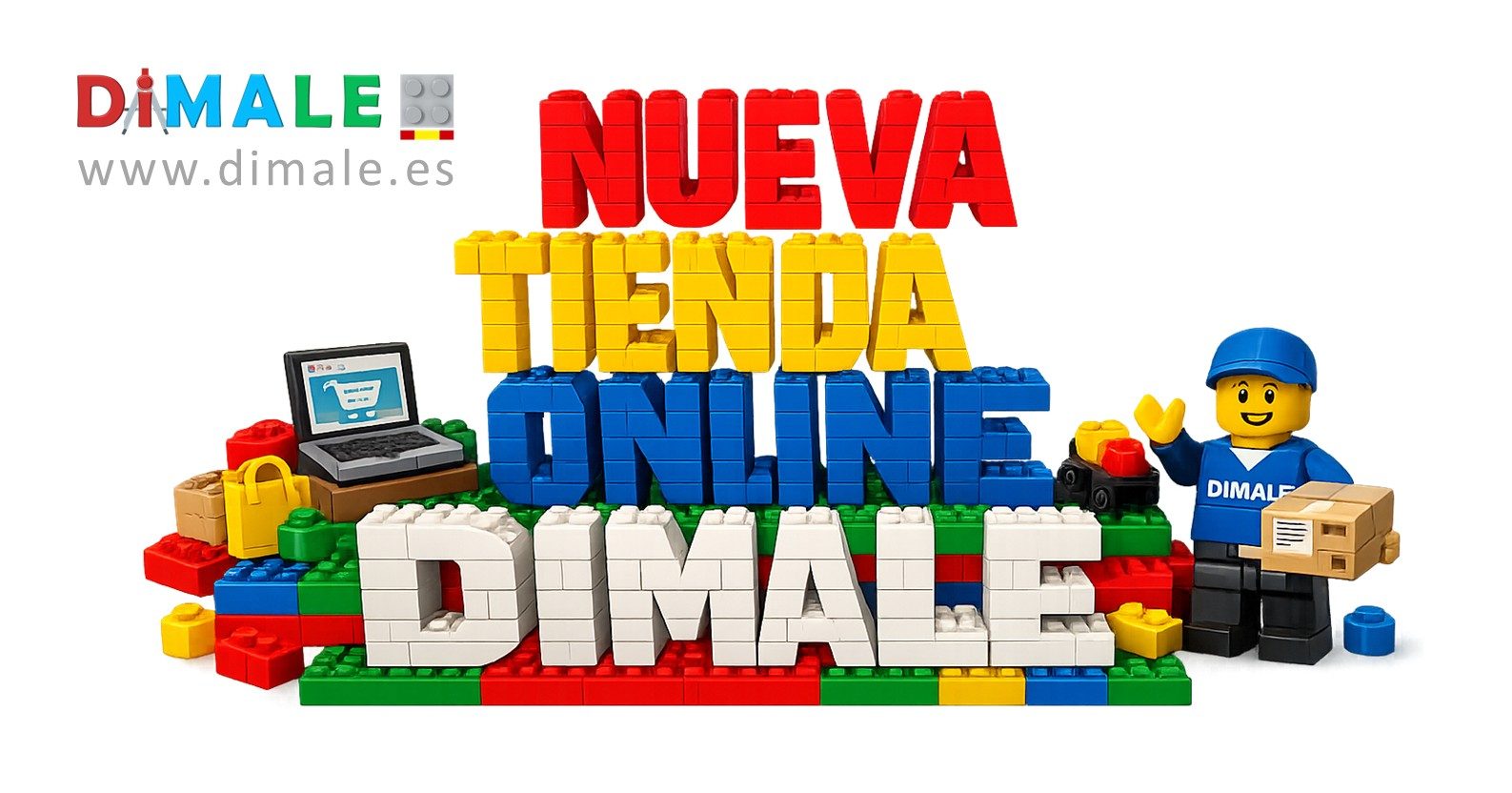 Texto colorido formado por bloques, anunciando una nueva tienda online de Dimale.