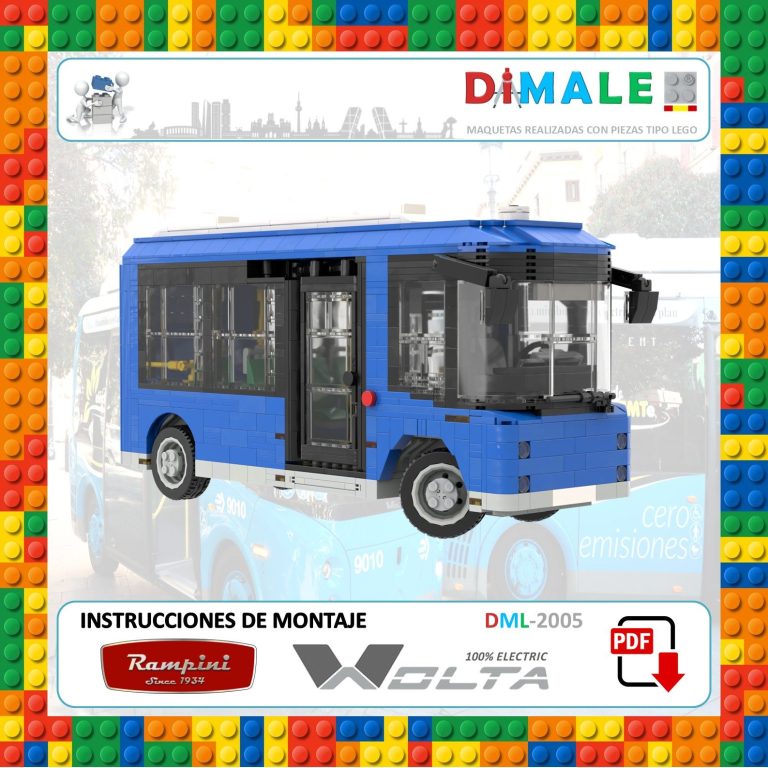Autobús azul de juguete con instrucciones de montaje para construcción.