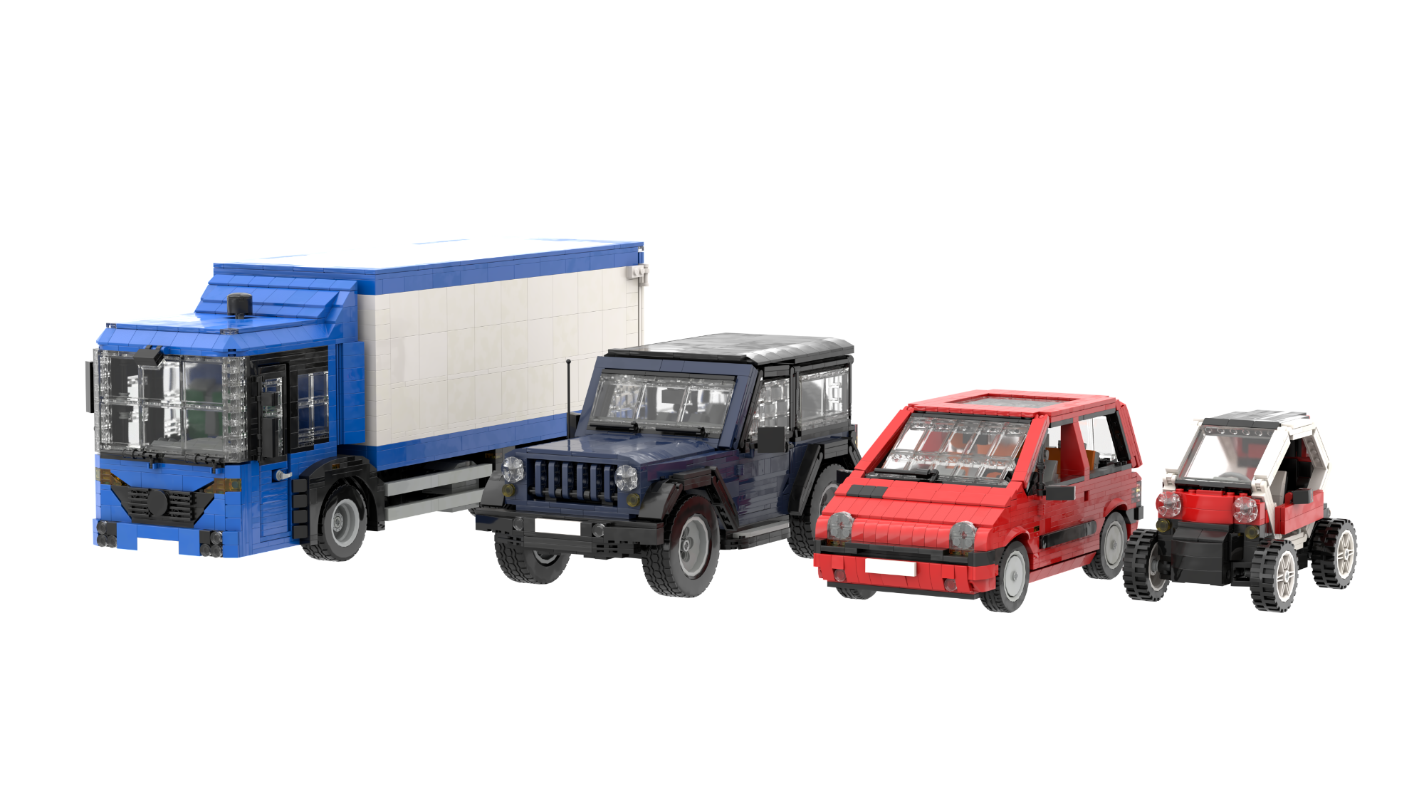Varios vehículos en miniatura: un camión, un todoterreno y dos coches pequeños.