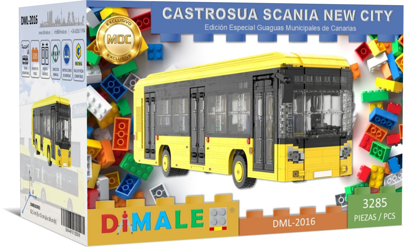 Autobús Castrosua Scania New City GNC MOC Lego Maqueta de autobús Castrosua Scania New City en bloques de construcción de colores.