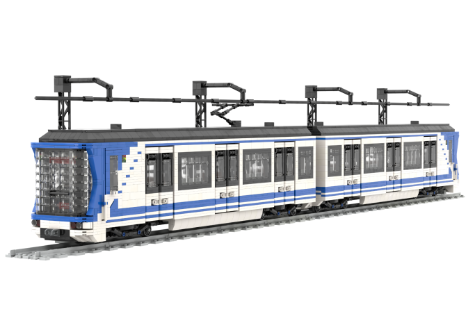 CAF serie 2000 (2 módulos) - I Tren azul y blanco en una vía, con detalles en las ventanas y pantógrafo.