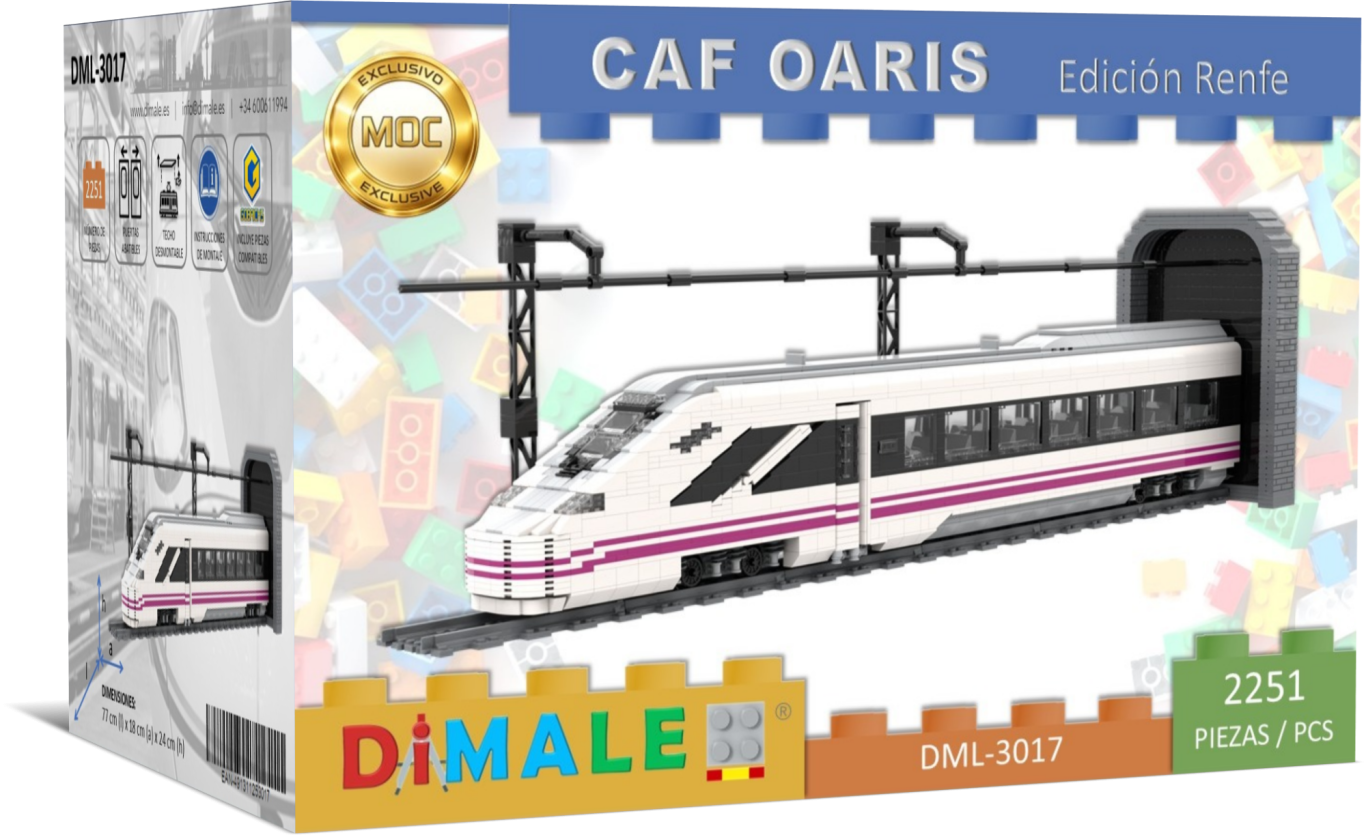 Tren modelo CAF Oaris Renfe en caja, con diseño en blanco y detalles rosas.