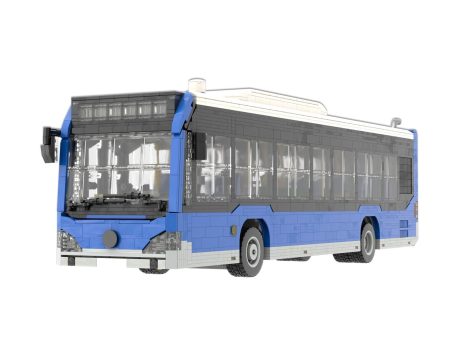 Mercedes Benz Citaro NGT EMT Madrid MOC Lego - Parte delantera Autobús de diseño moderno en color azul y blanco con puertas abiertas.