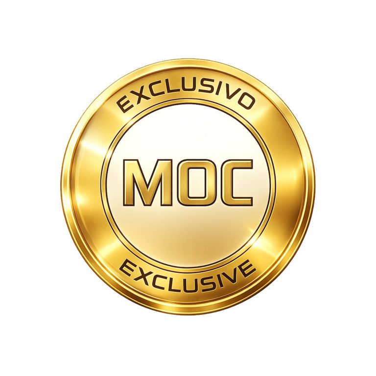 Sello dorado con las palabras "EXCLUSIVO" y "MOC" en el centro.