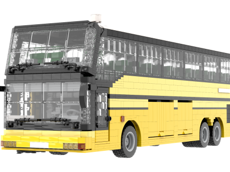 Sunsundegui Vardino Volvo Continental-Auto MOC Lego - Parte delantera Autobús de Lego amarillo con ventanas grandes y diseño de dos pisos.