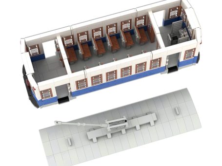 Tranvía Charleroi II 1972 Madrid MOC Lego - Puertas abiertas Modelo de tranvía en 3D, mostrando un interior con asientos y un compartimento de conductor.