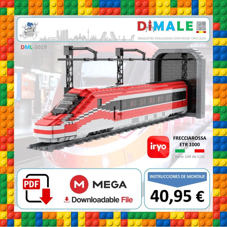 Tren de juguete a escala en colores rojo y blanco, con accesorios de construcción.