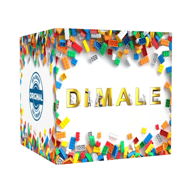 Caja decorada con coloridos bloques y la palabra "DIMALE" en el centro.