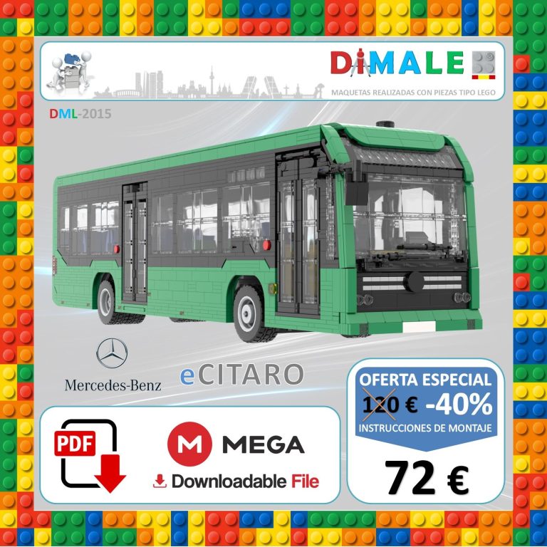 Autobús Mercedes-Benz eCitaro en un diseño gráfico colorido con detalles de oferta.