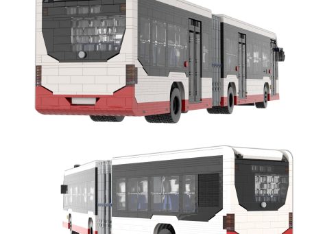 Mercedes Benz Citaro G MOC Lego - Vistas parte trasera Autobús urbano de diseño moderno, con carrocería blanca y detalles en rojo.