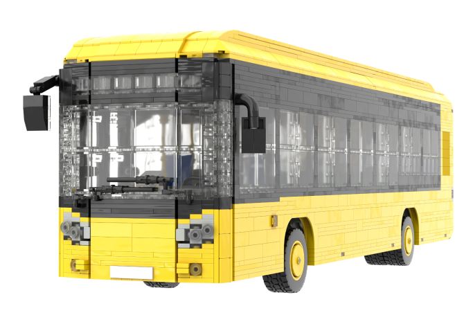 Castrosua Scania New City - II Autobús amarillo de juguete, diseñado con bloques de construcción.