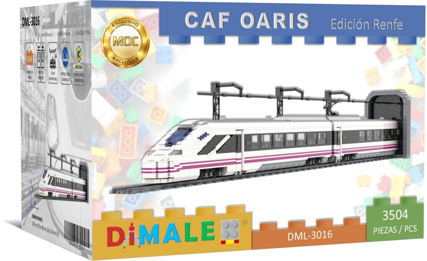 Maqueta de tren CAF OARIS en caja, con diseño moderno y colores blancos y rosas.