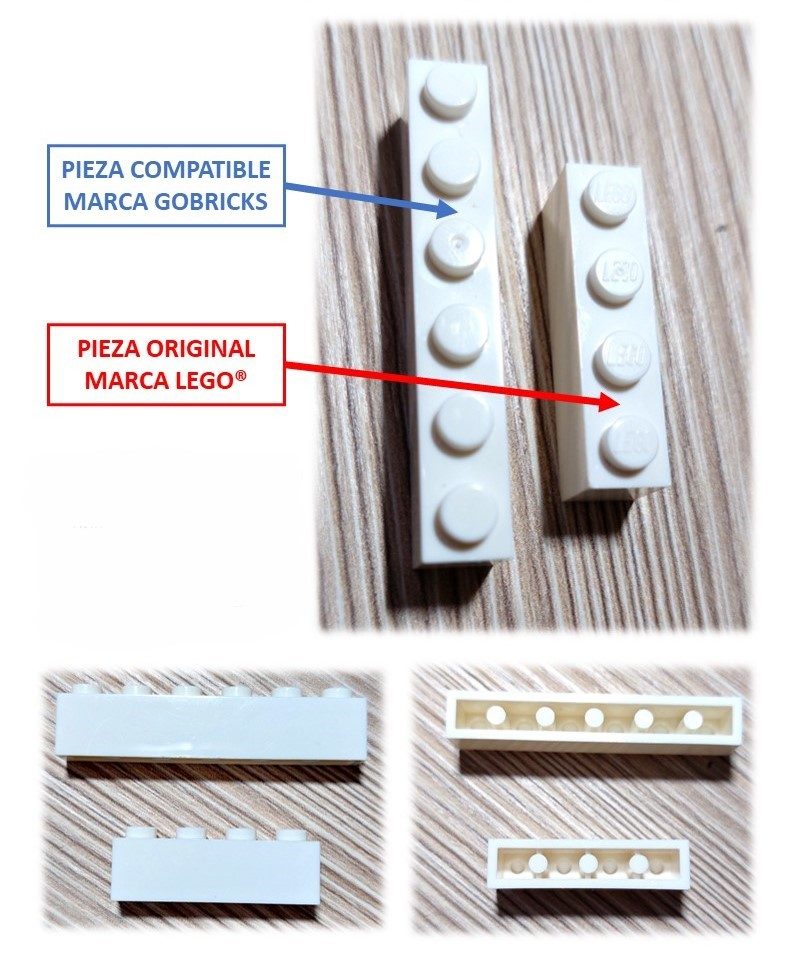 Comparativa entre piezas de construcción, una original y otra compatible en color blanco.