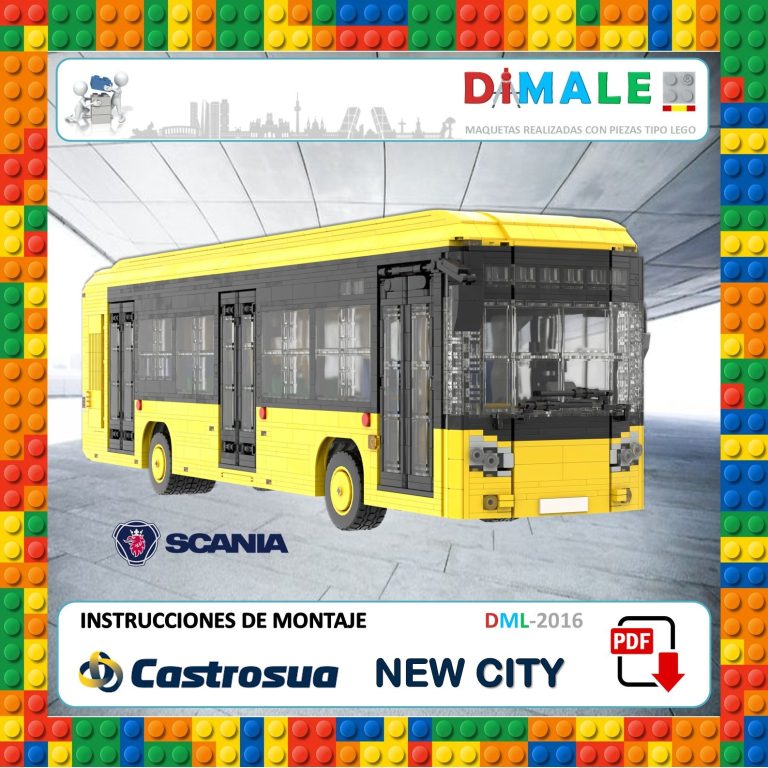 Autobús amarillo de juguete con instrucciones de montaje, marca Castrosua.