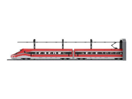 Tren de alta velocidad saliendo de un túnel, de color rojo y gris con pantógrafos.
