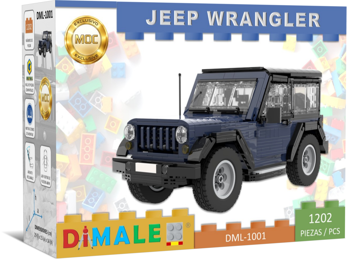 Jeep Wrangler juego construcción Lego MOC Caja del modelo de un Jeep Wrangler de construcción, color azul oscuro.