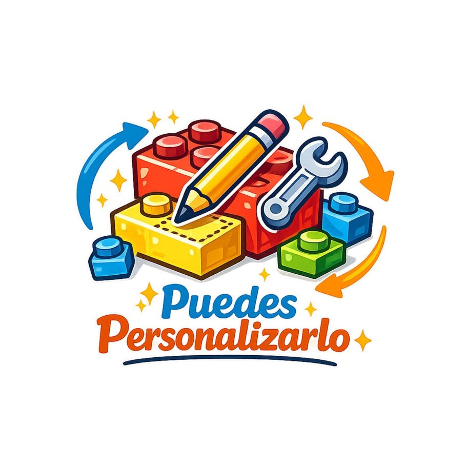 Logotipo colorido con bloques de construcción, lápiz y herramienta, texto "Puedes Personalizarlo".