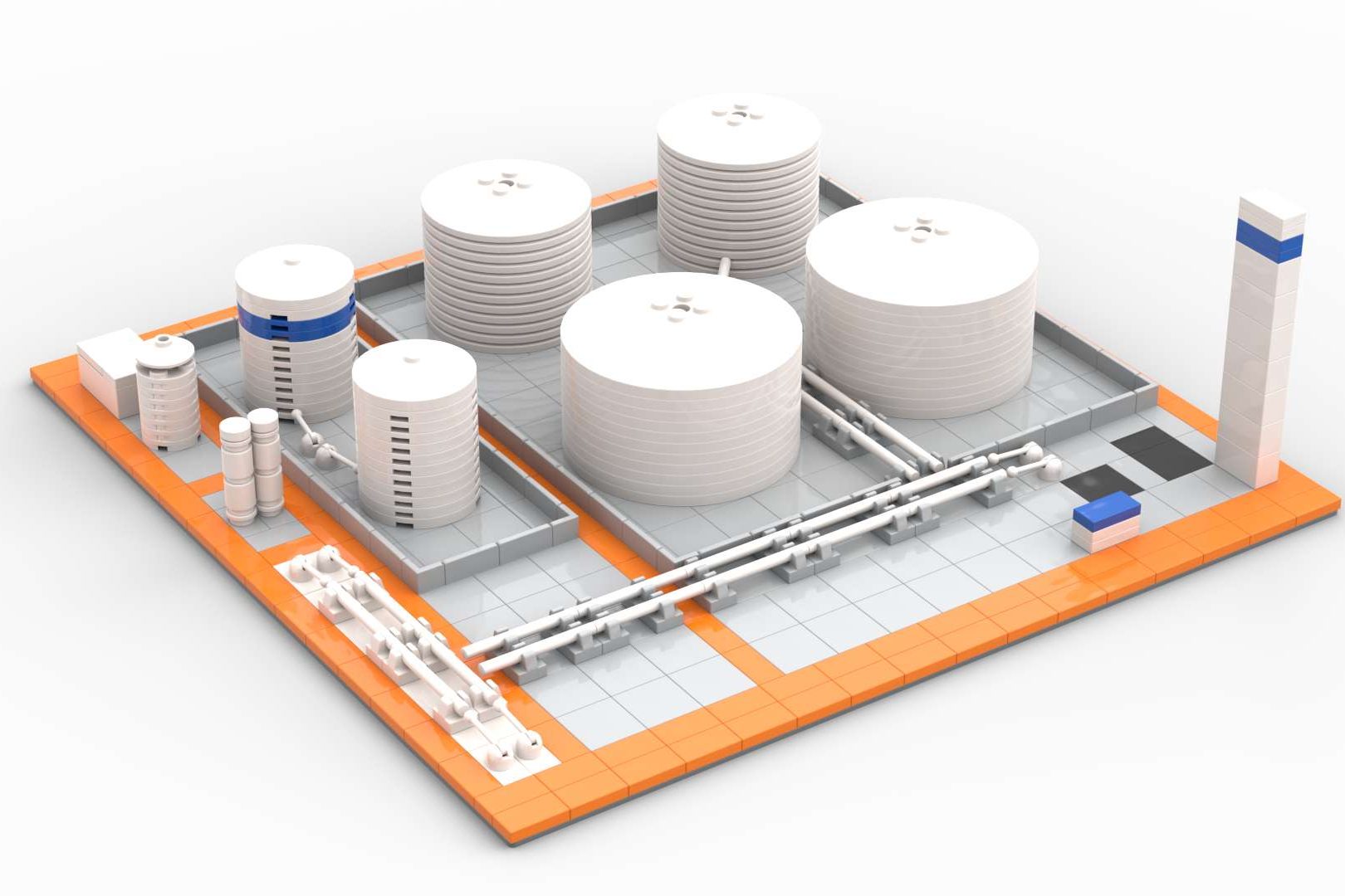 Refinería Repsol MOC Lego Planta industrial con tanques, tuberías y chimenea en un diseño simplificado.