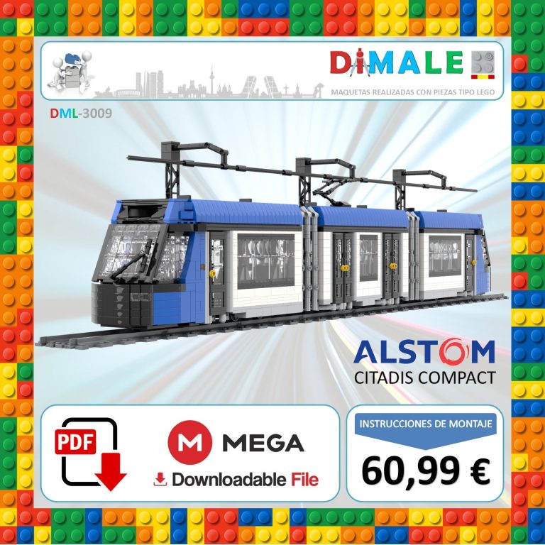 Tren de juguete Alstom Citadis Compact en un fondo colorido con precios y opciones de descarga.
