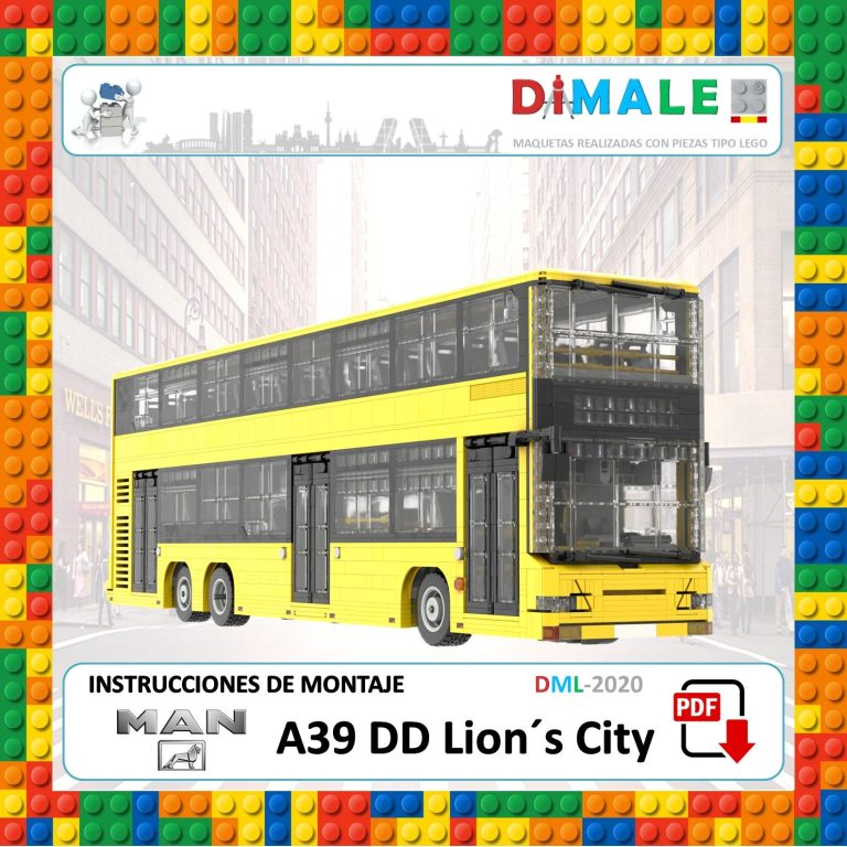 Autobús de dos pisos amarillo con instrucciones de montaje en un fondo de ciudad.