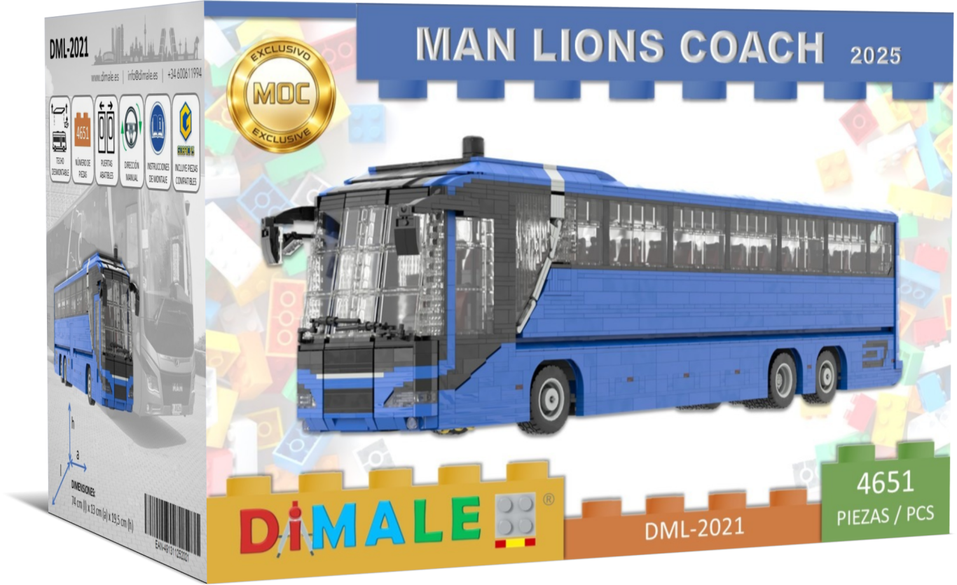 Autocar MAN Lions Coach MOC Lego Maqueta del autobús MAN Lions Coach en colores azul y negro, con detalles del modelo.