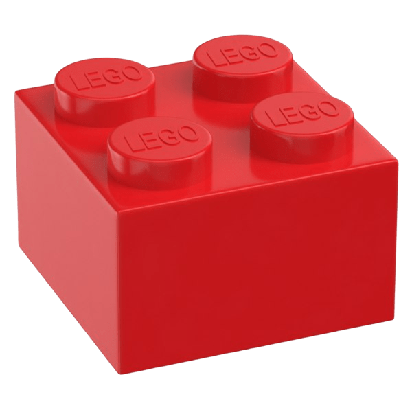 Bloque de LEGO rojo con cuatro puntos de conexión en la parte superior.