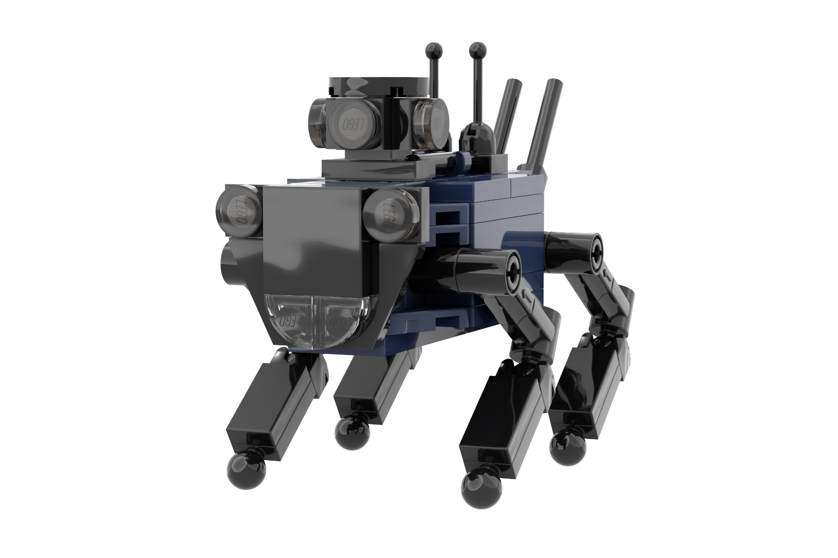 Perro Robot Policía Nacional MOC Lego Robot con forma de perro, con patas articuladas y varias antenas en la parte superior.