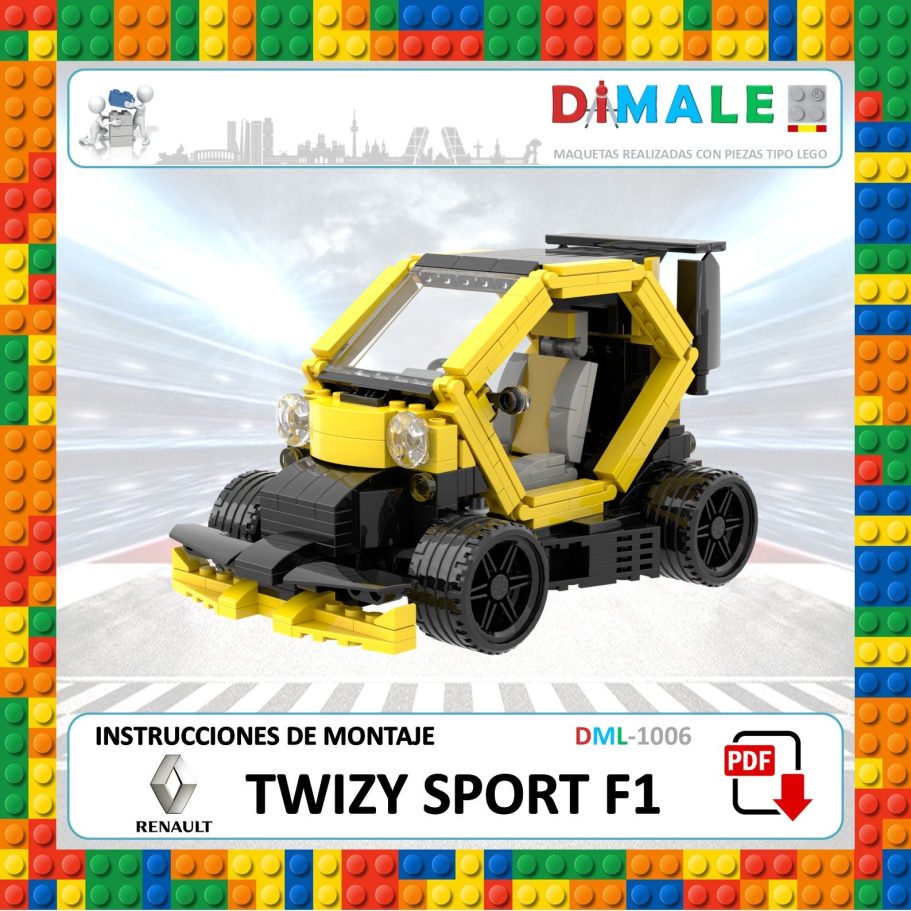 Instrucciones PDF del Alstom Citadis S302 LEGO Madrid Vehículo de juguete Twizy Sport F1 con instrucciones de montaje pdf, realizado en colores amarillos y negros, estilo deportivo.