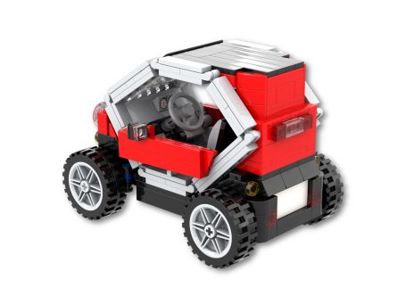 Renault Twizy MOC Lego - Parte trasera Coche de juguete construido con piezas modulares de colores rojo y negro.