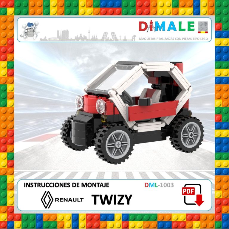 Juguete de construcción de un vehículo tipo Renault Twizy en un entorno colorido.