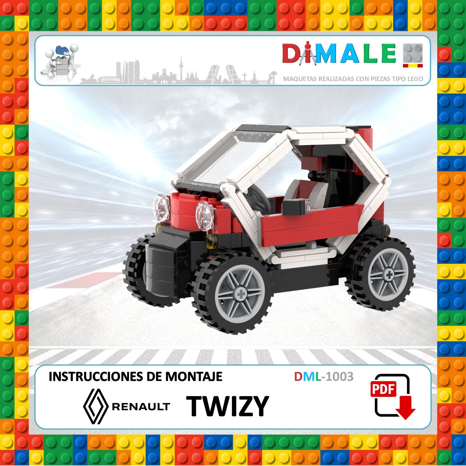 Vehículo de juguete con diseño moderno, estilo Renault Twizy, colores rojo y blanco.